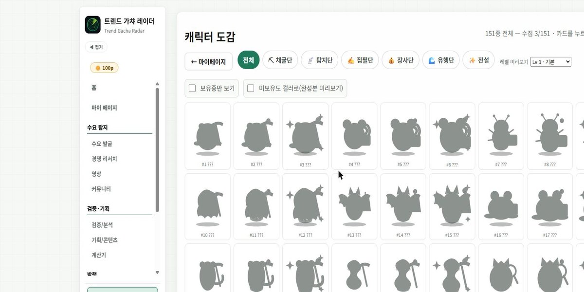 캐릭터 도감 · 151종 수집 현황(완성본 미리보기를 켠 화면)